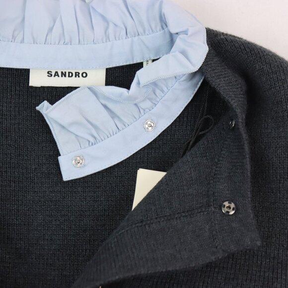NWT Sandro Wool Blend Knit Cardigan w/ Detachable Ruffle Collar in Anthracite XS - Picture 3 of 10